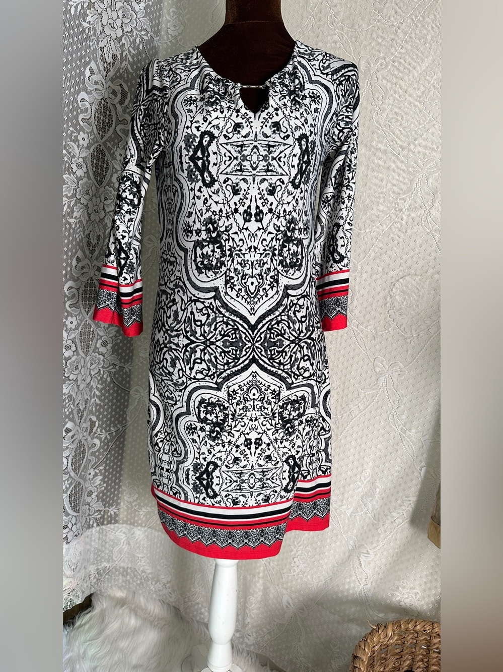 Haani Black & White Midi Dress with Red Accents